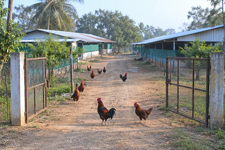 Illustrative farm CCTV view of the entrance gate and access road