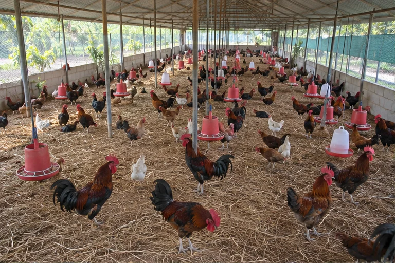 Illustrative farm CCTV view of roosters and hens in a poultry shed